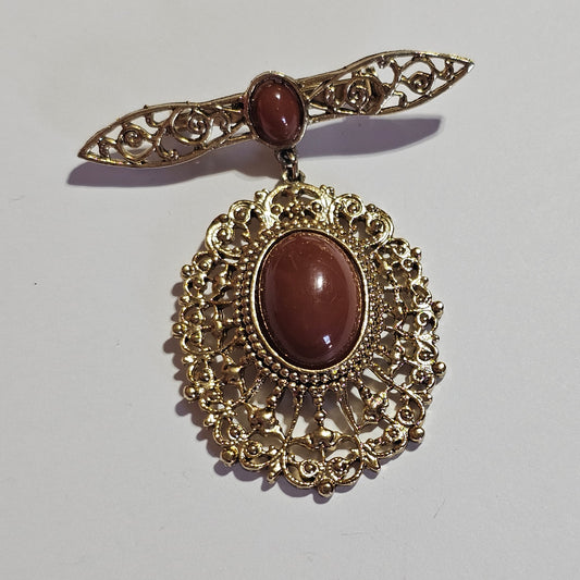 Gold-tone Acrylic Carnelian Ornate Filigree Bar Dangle Brooch Vintage