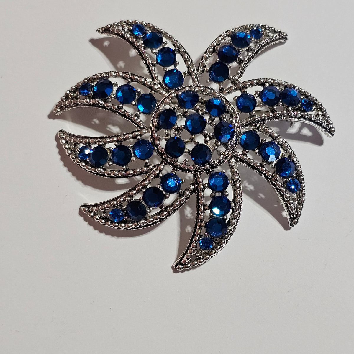Huge Silver-tone Blue Rhinestone Flower Brooch Pin Vintage
