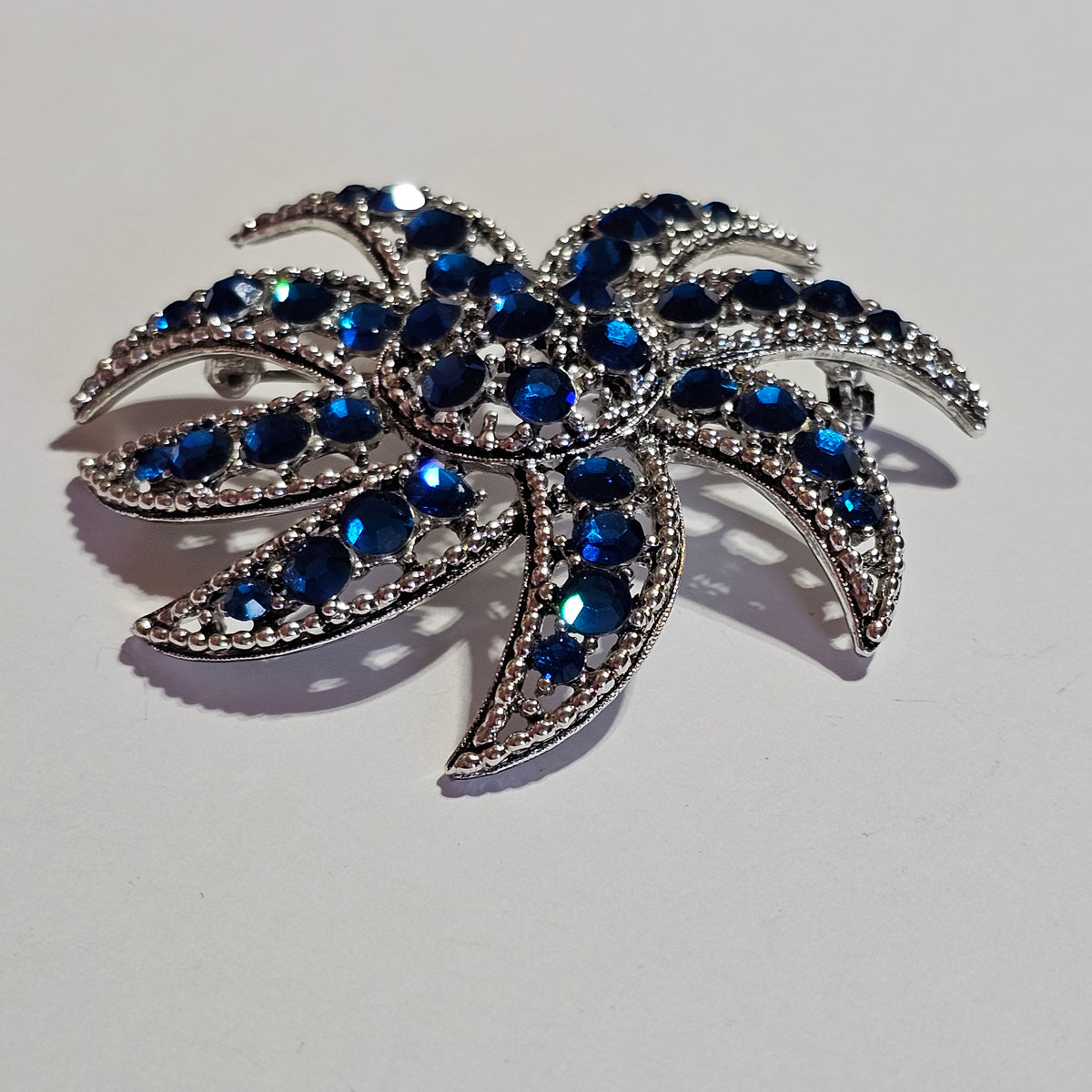 Huge Silver-tone Blue Rhinestone Flower Brooch Pin Vintage