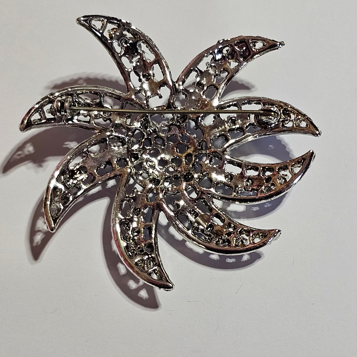 Huge Silver-tone Blue Rhinestone Flower Brooch Pin Vintage