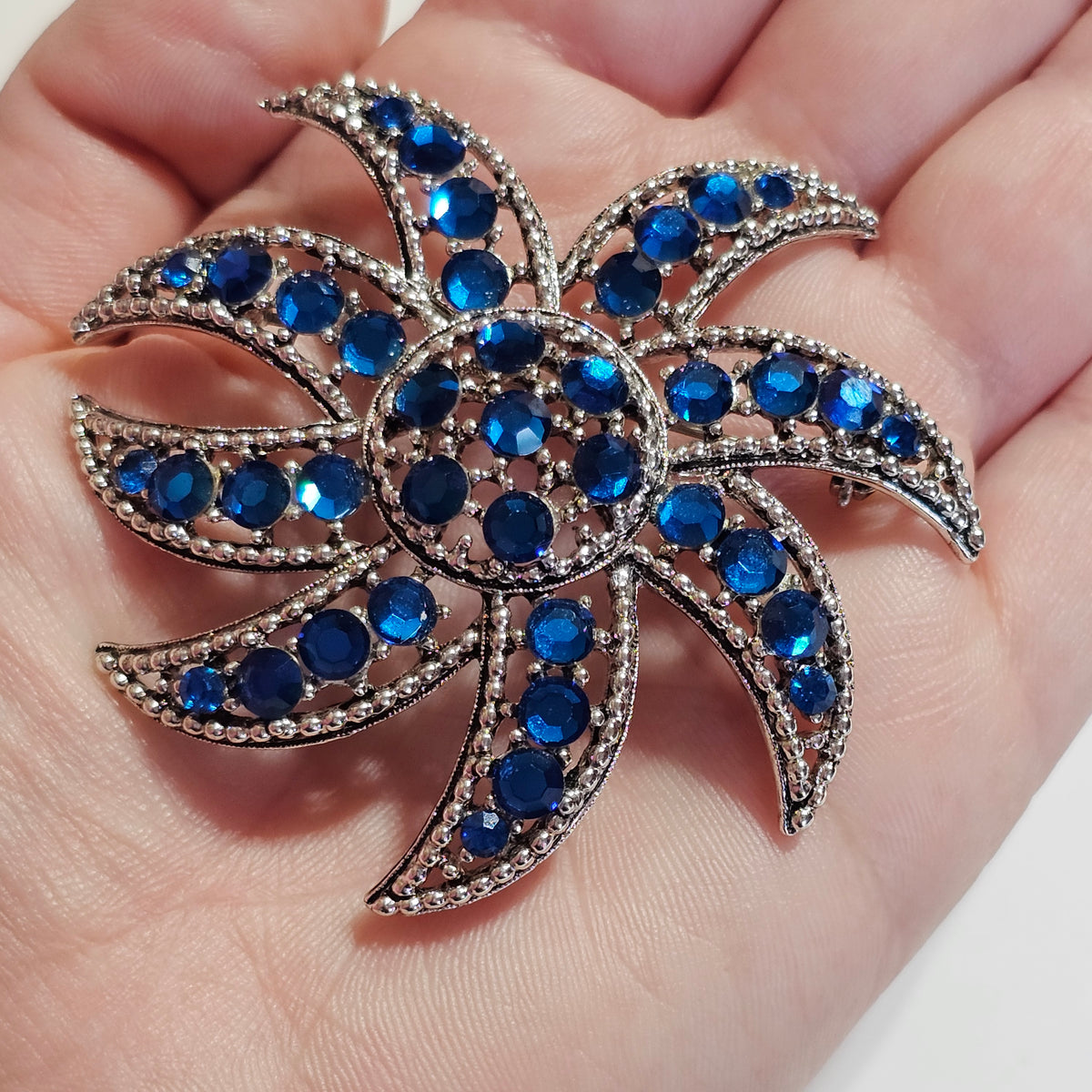 Huge Silver-tone Blue Rhinestone Flower Brooch Pin Vintage