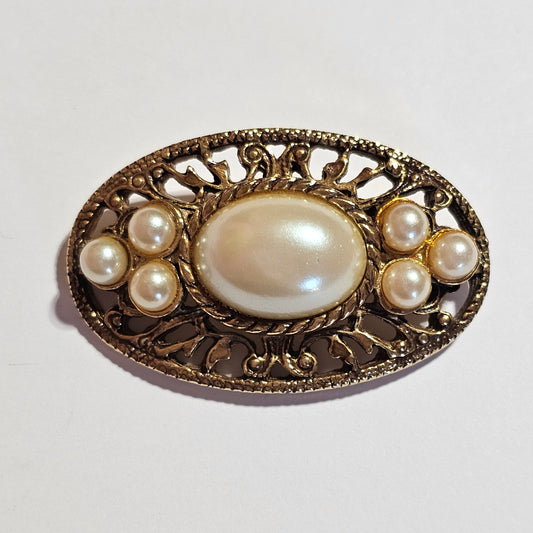 Faux Pearl Gold-tone Filigree Oval Brooch Pin Vintage Signed Paquette