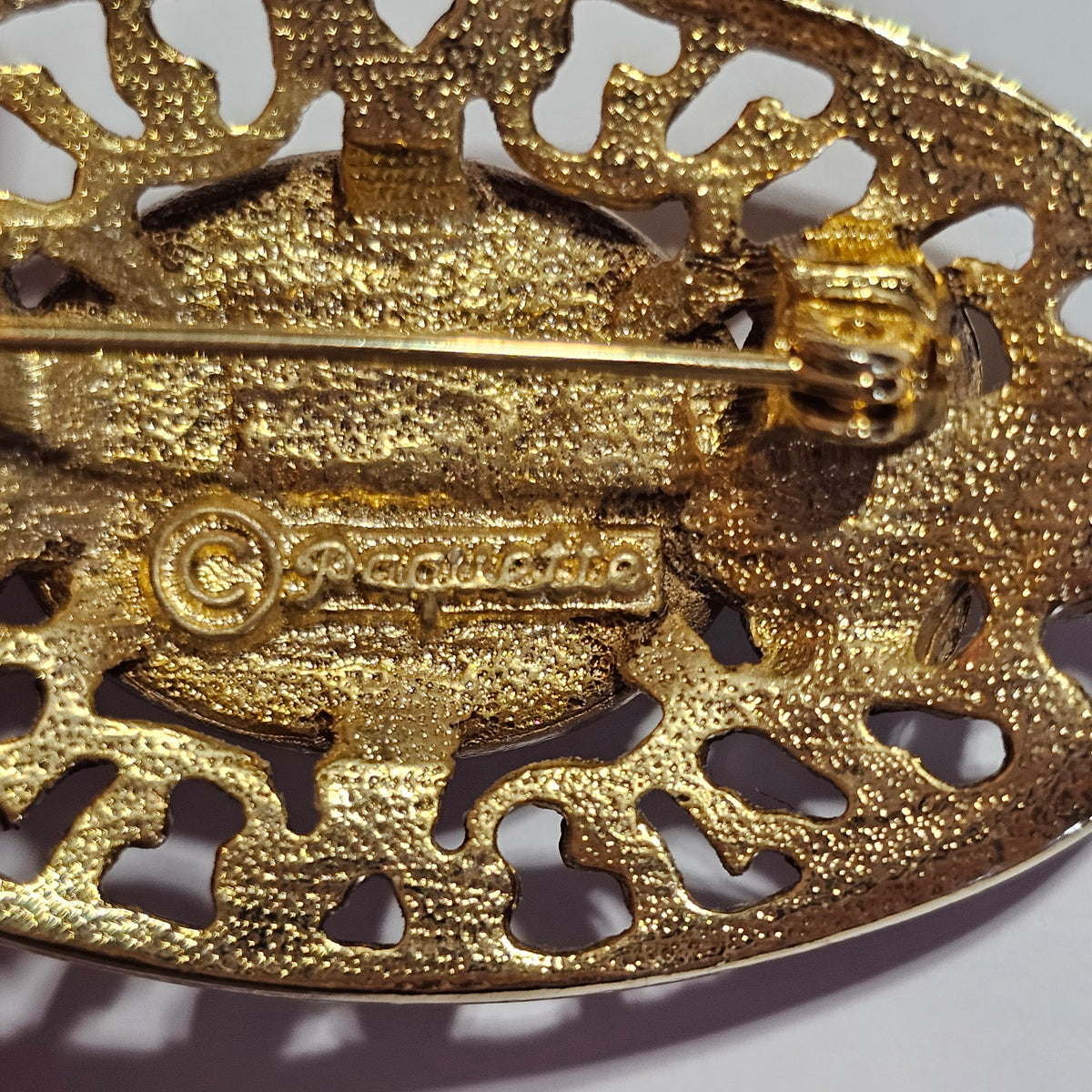Faux Pearl Gold-tone Filigree Oval Brooch Pin Vintage Signed Paquette