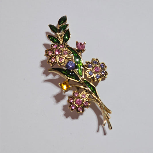 Beautiful Floral Bouquet Enamel Rhinestone Brooch Pin Vintage