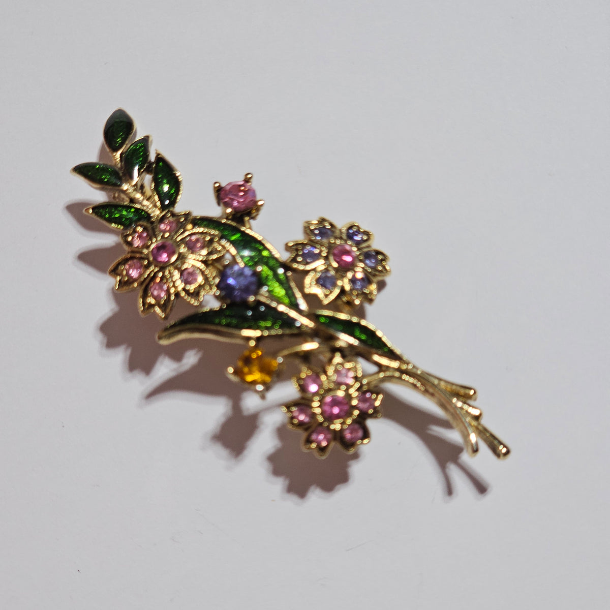Beautiful Floral Bouquet Enamel Rhinestone Brooch Pin Vintage