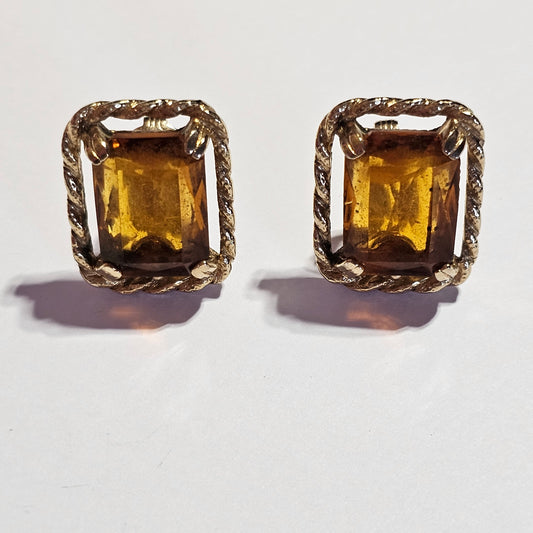 Gorgeous Acrylic Amber Color Gemstone Gold-tone Earrings Vintage Signed Sarah Coventry Clip-on