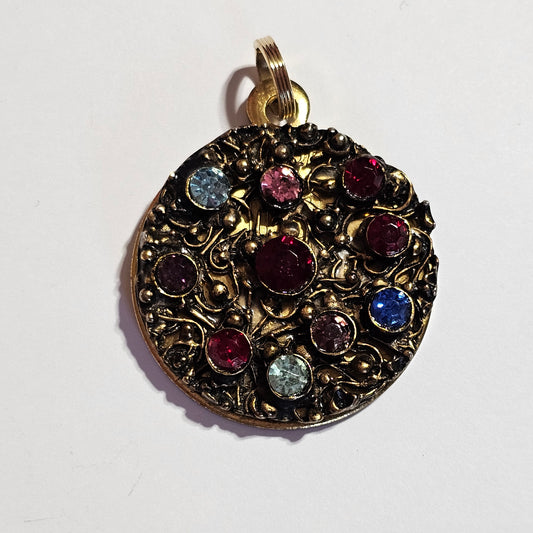 Round Multicolor Rhinestone Pendant on Souvenir Manhattan Bank Coin Vintage
