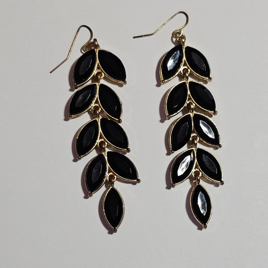 Black Rhinestone Leaf Gold-tone Dangle Pierced Earrings Vintage Gorgeous Unique