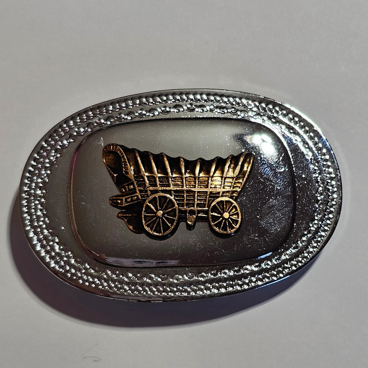 Silver-tone Gold-tone Covered Wagon Belt Buckle Signed Made in Hong Kong Vintage