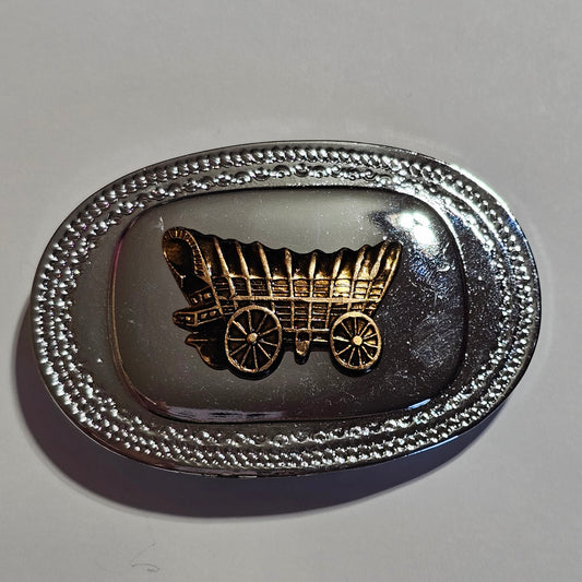 Silver-tone Gold-tone Covered Wagon Belt Buckle Signed Made in Hong Kong Vintage
