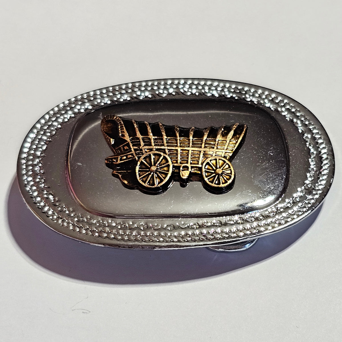 Silver-tone Gold-tone Covered Wagon Belt Buckle Signed Made in Hong Kong Vintage