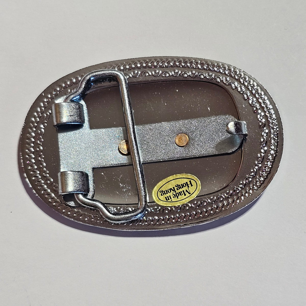 Silver-tone Gold-tone Covered Wagon Belt Buckle Signed Made in Hong Kong Vintage
