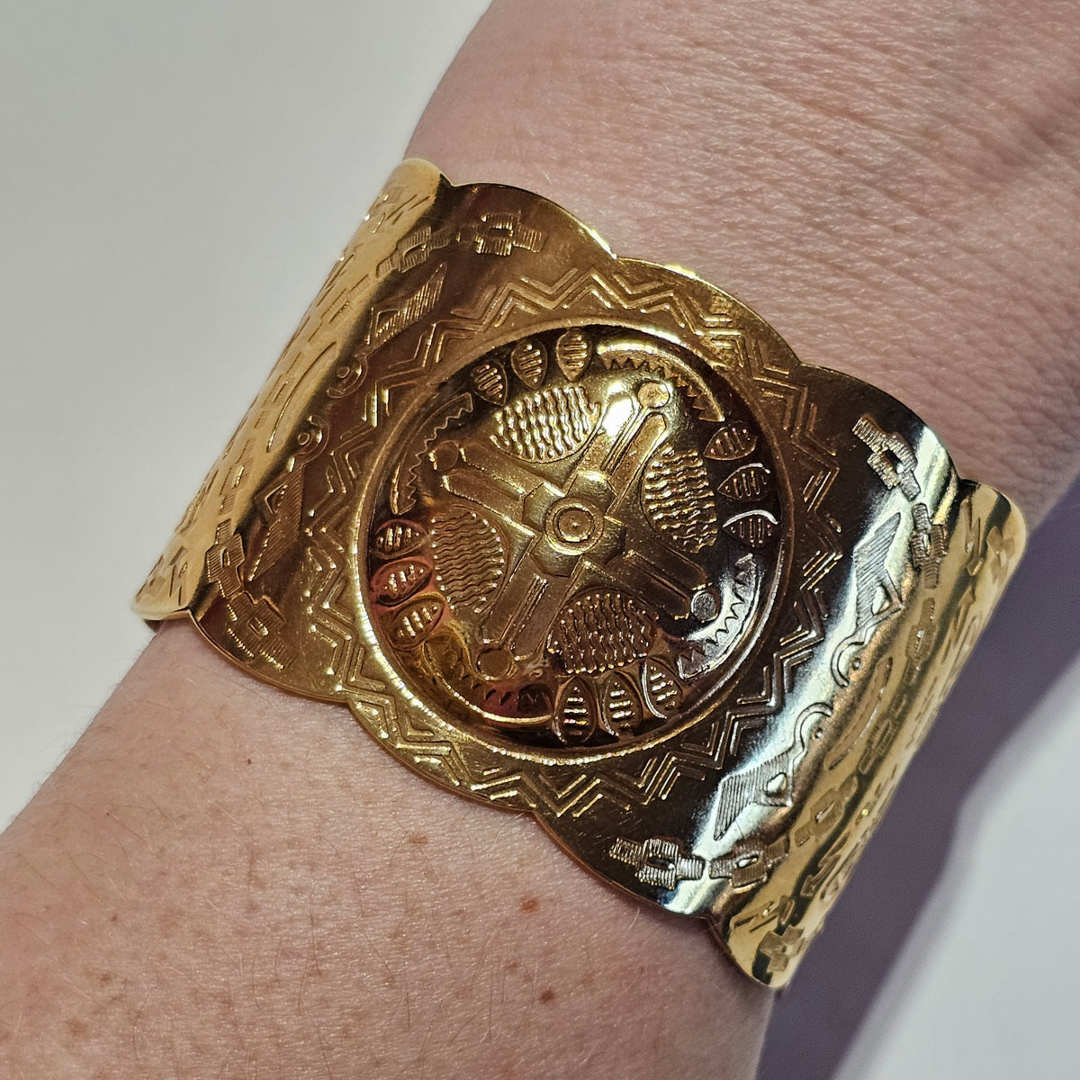 Maltese Cross Aztec Design Gold Plated Chunky Cuff Bracelet