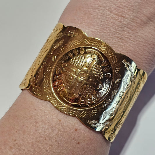 Maltese Cross Aztec Design Gold Plated Chunky Cuff Bracelet