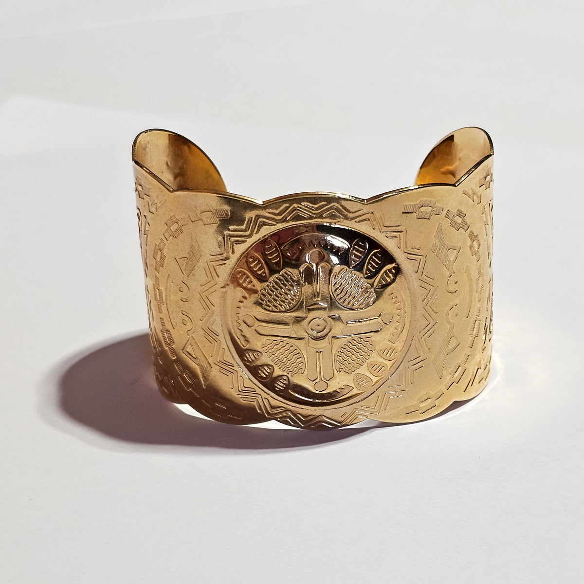 Maltese Cross Aztec Design Gold Plated Chunky Cuff Bracelet