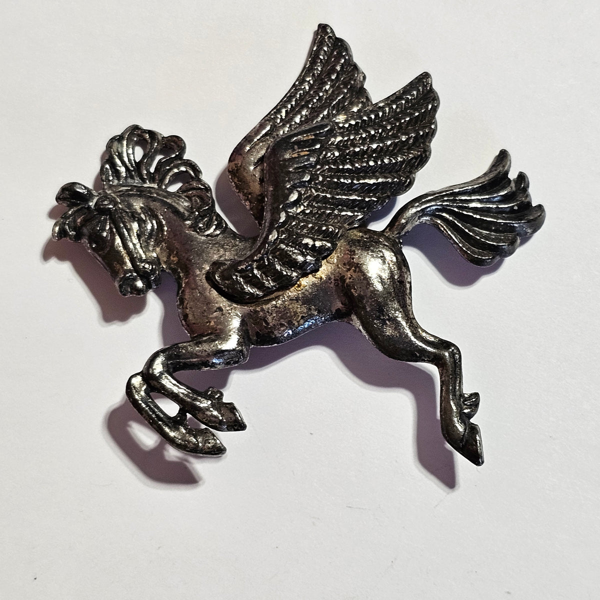 Silver-tone Pegasus Winged Horse Flying Brooch Vintage Signed