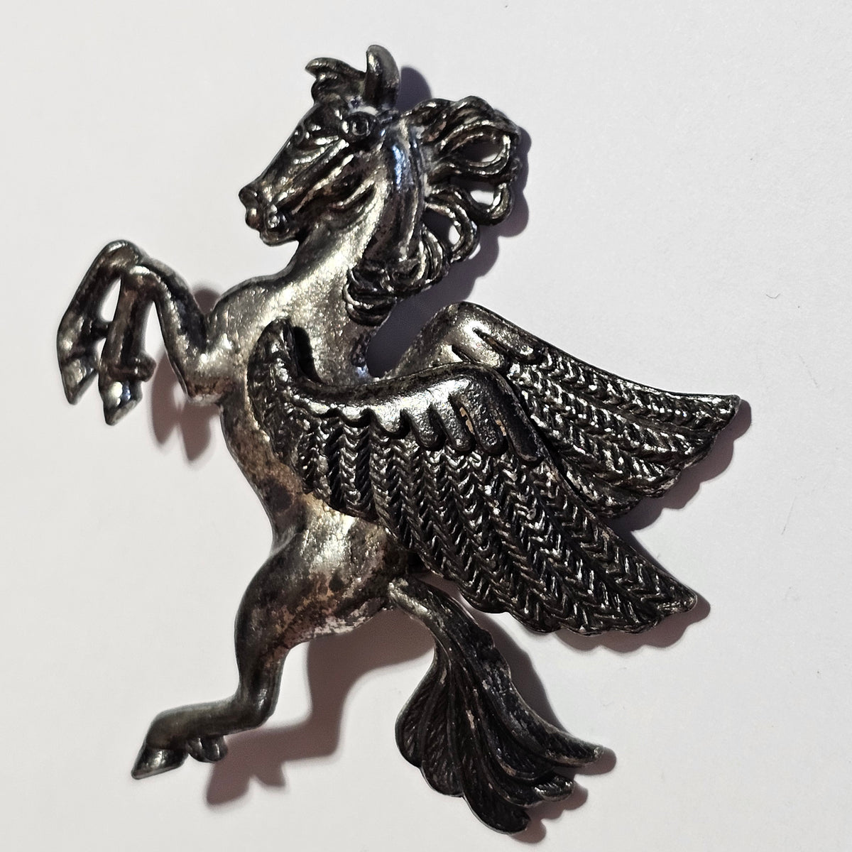 Silver-tone Pegasus Winged Horse Flying Brooch Vintage Signed