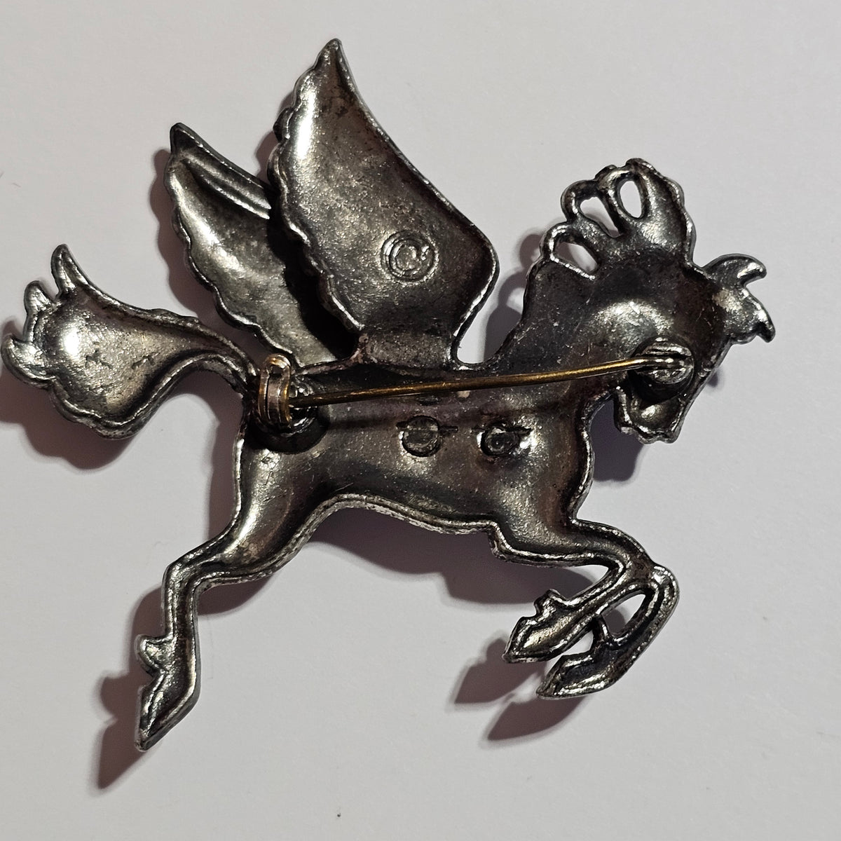 Silver-tone Pegasus Winged Horse Flying Brooch Vintage Signed