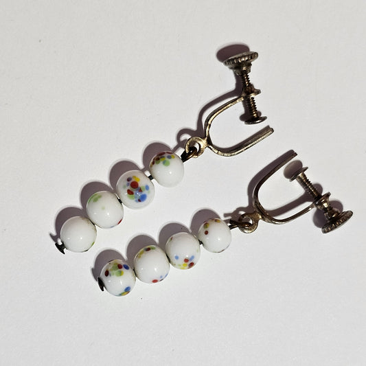 Round White Glass Beads Painted Flowers Dangle Screw back Earrings Vintage
