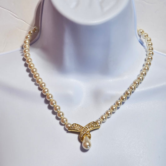 Napier Vintage Wedding Style Gold-Tone Crystal Faux Pearl Collar Statement Necklace