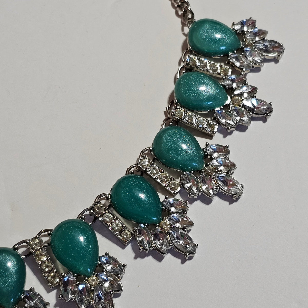 Rhinestone Green Glitter Acrylic Silver-tone Statement Necklace
