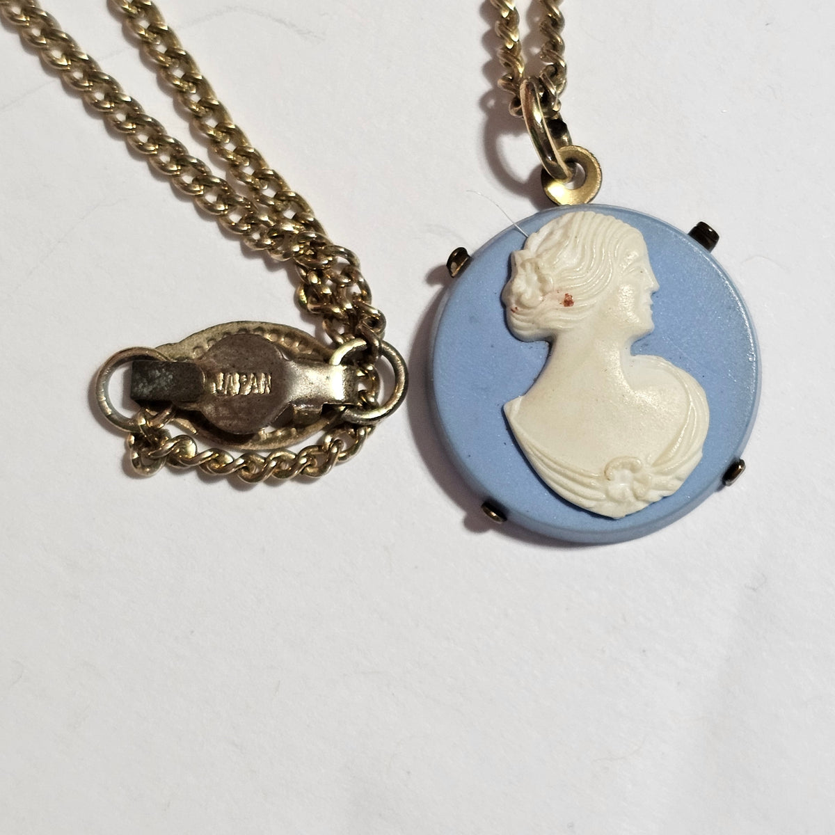 Blue White Wedgewood Style Cameo Set in Brass Pendant Necklace Japan