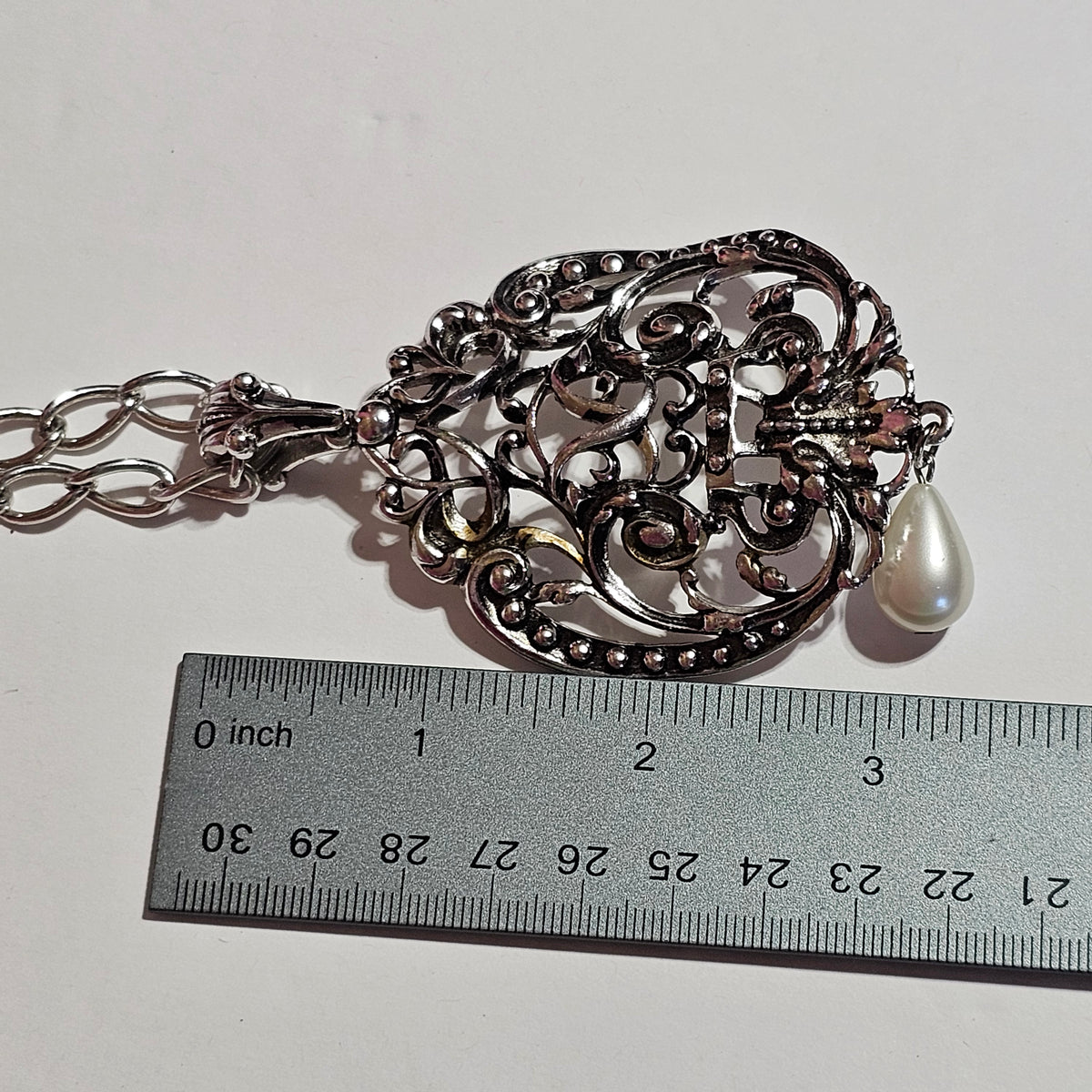 Huge Ornate Design Silver-tone Vintage Avon Pendant Chain Necklace