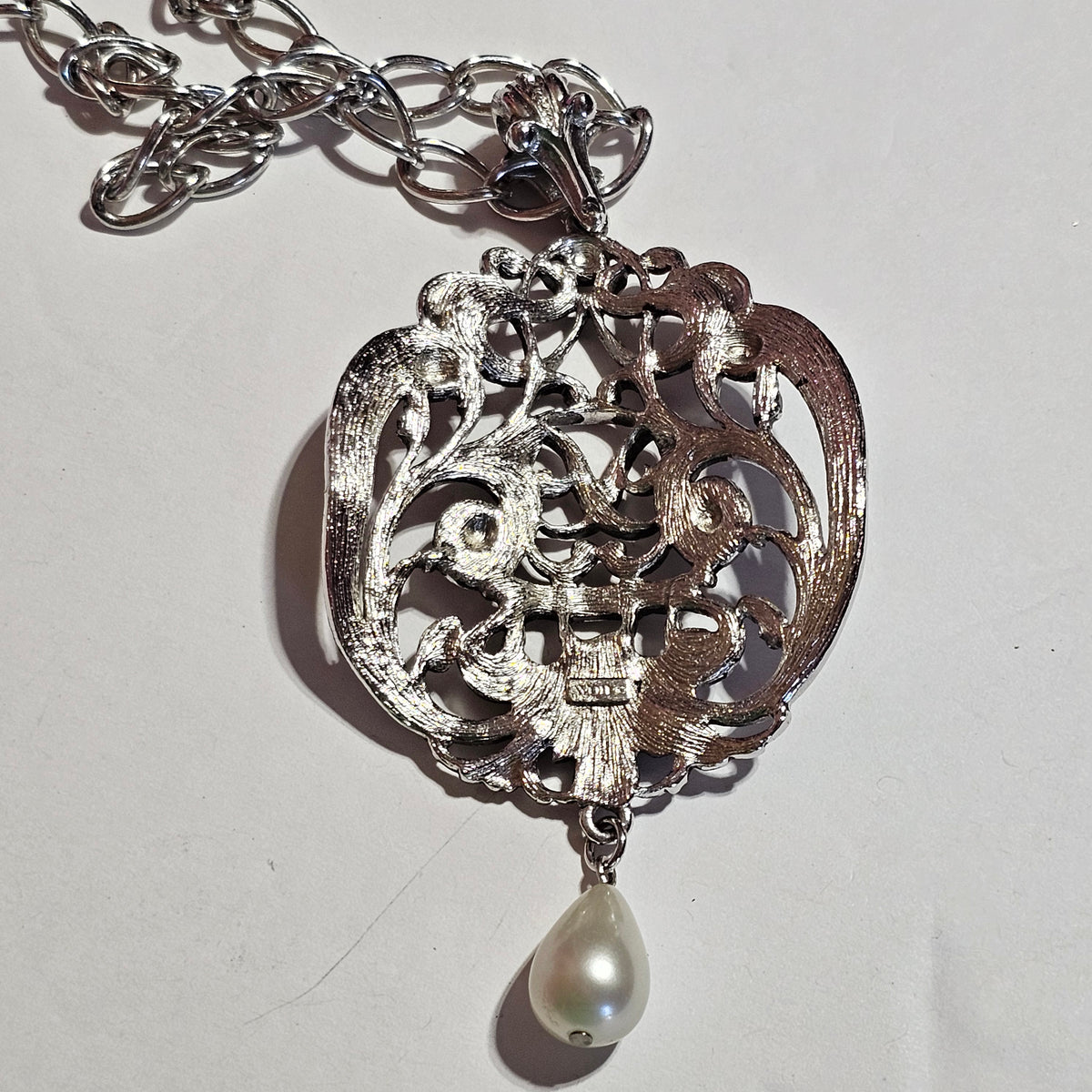 Huge Ornate Design Silver-tone Vintage Avon Pendant Chain Necklace