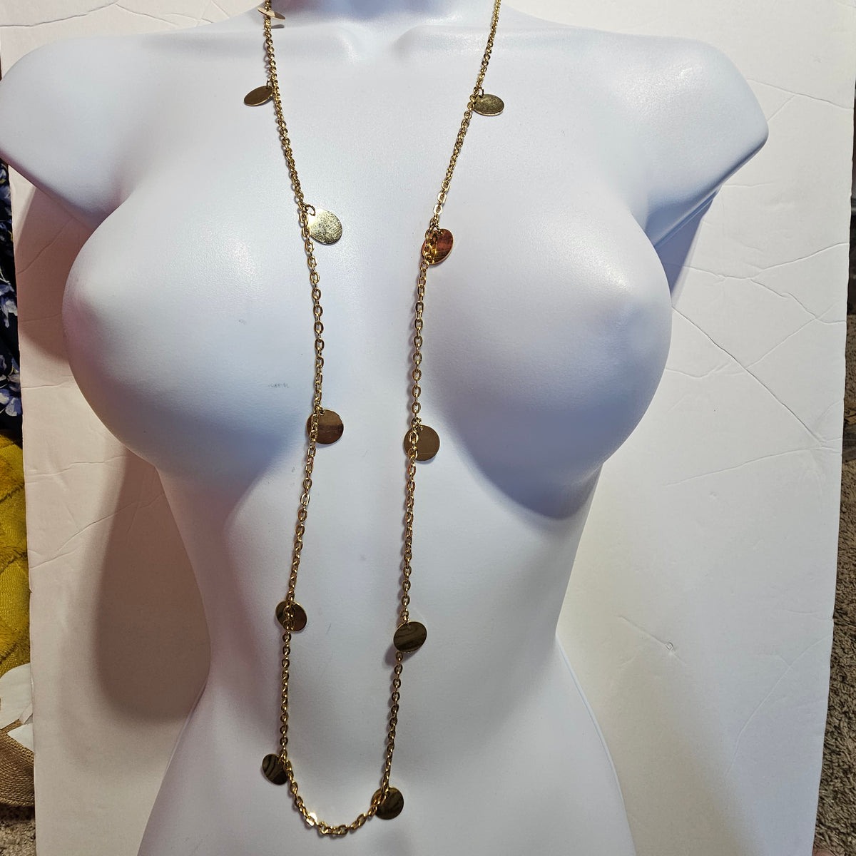Long Gold-tone Chain Circle Round Disc Statement Station Necklace