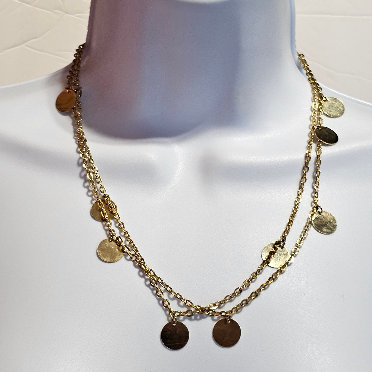Long Gold-tone Chain Circle Round Disc Statement Station Necklace