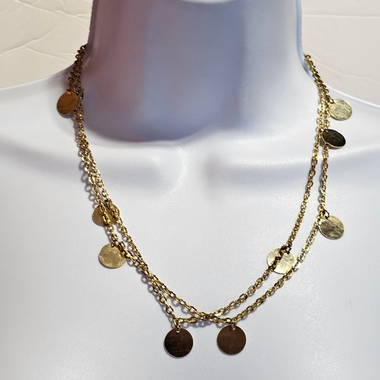 Long Gold-tone Chain Circle Round Disc Statement Station Necklace