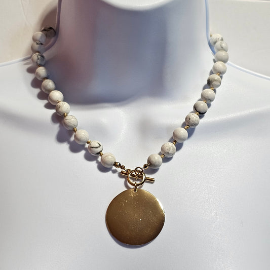Howlite Round Beaded Gold-Tone Medallion Necklace Bohemian