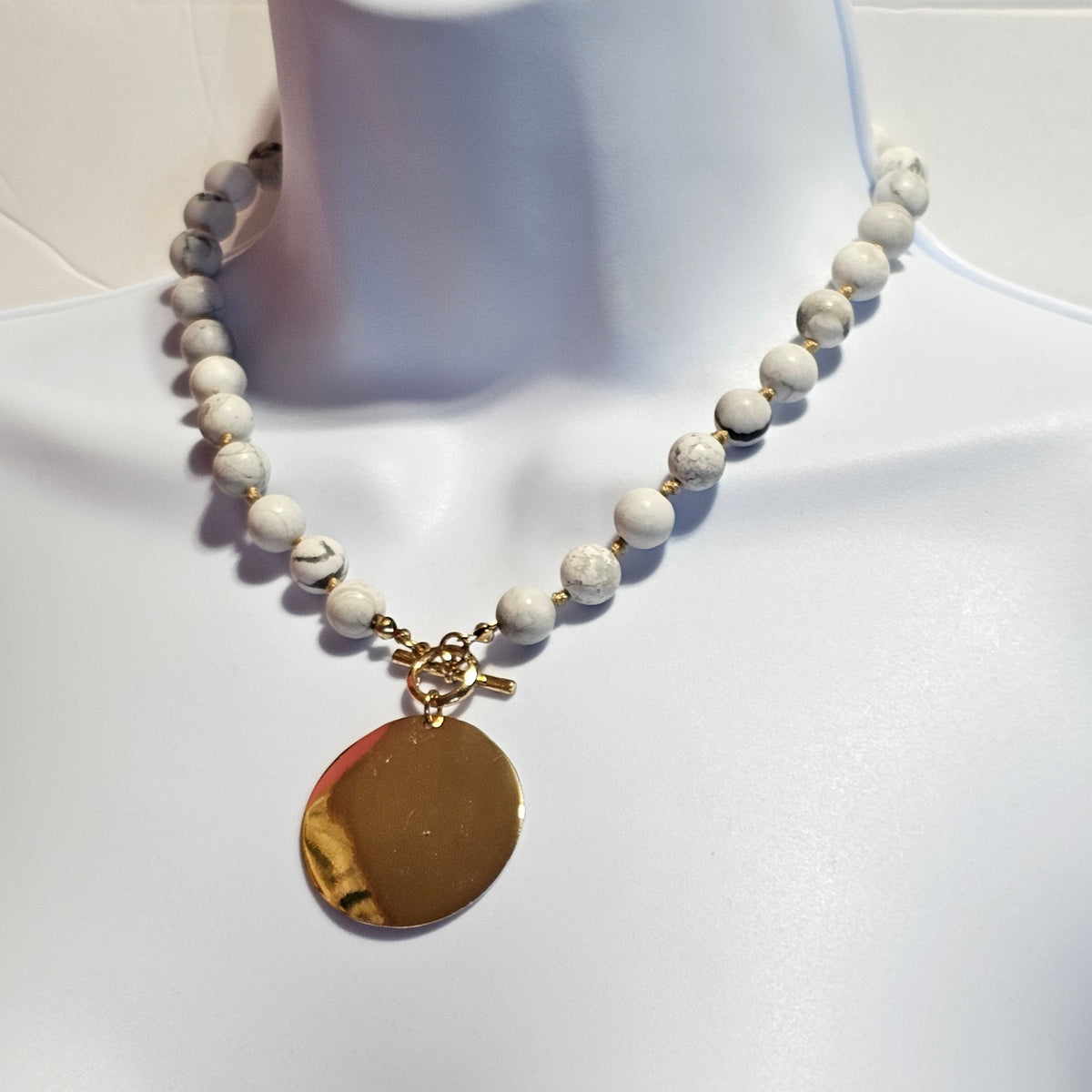 Howlite Round Beaded Gold-Tone Medallion Necklace Bohemian