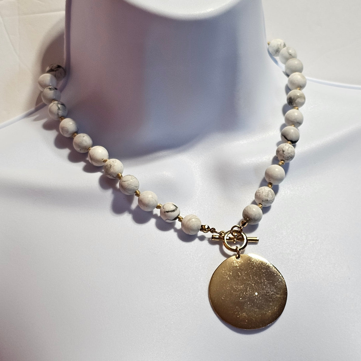 Howlite Round Beaded Gold-Tone Medallion Necklace Bohemian