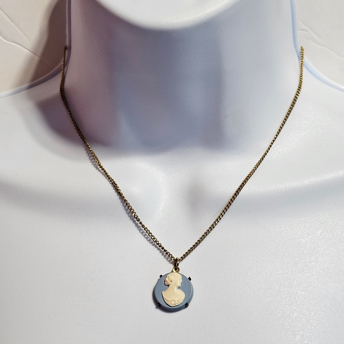 Blue White Wedgewood Style Cameo Set in Brass Pendant Necklace Japan