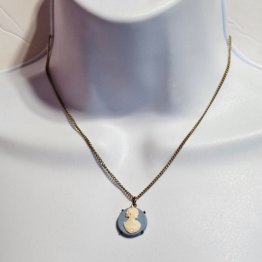 Blue White Wedgewood Style Cameo Set in Brass Pendant Necklace Japan