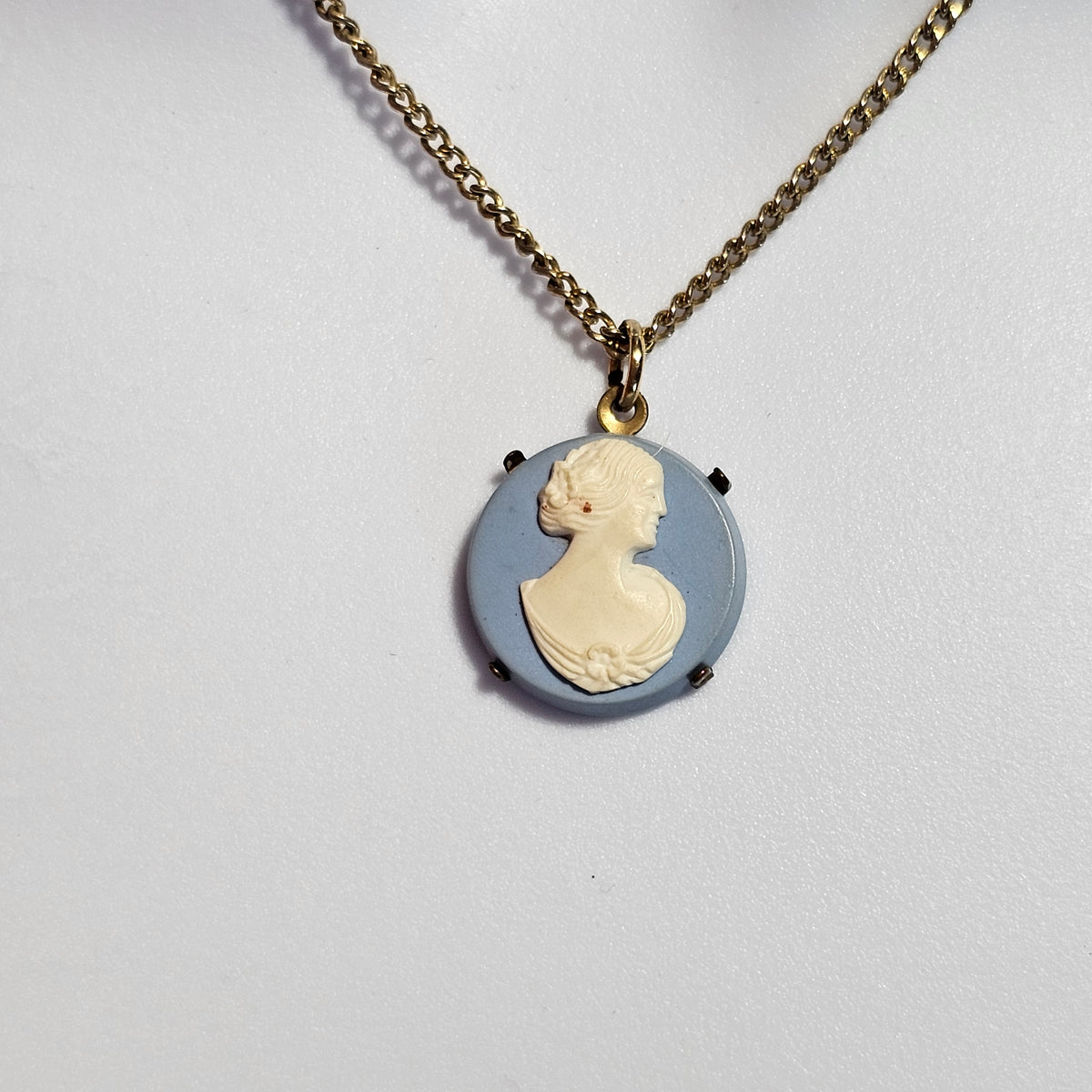 Blue White Wedgewood Style Cameo Set in Brass Pendant Necklace Japan