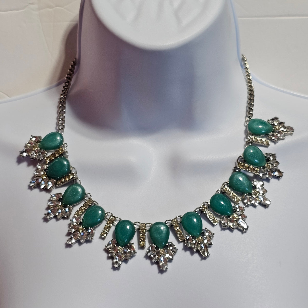 Rhinestone Green Glitter Acrylic Silver-tone Statement Necklace