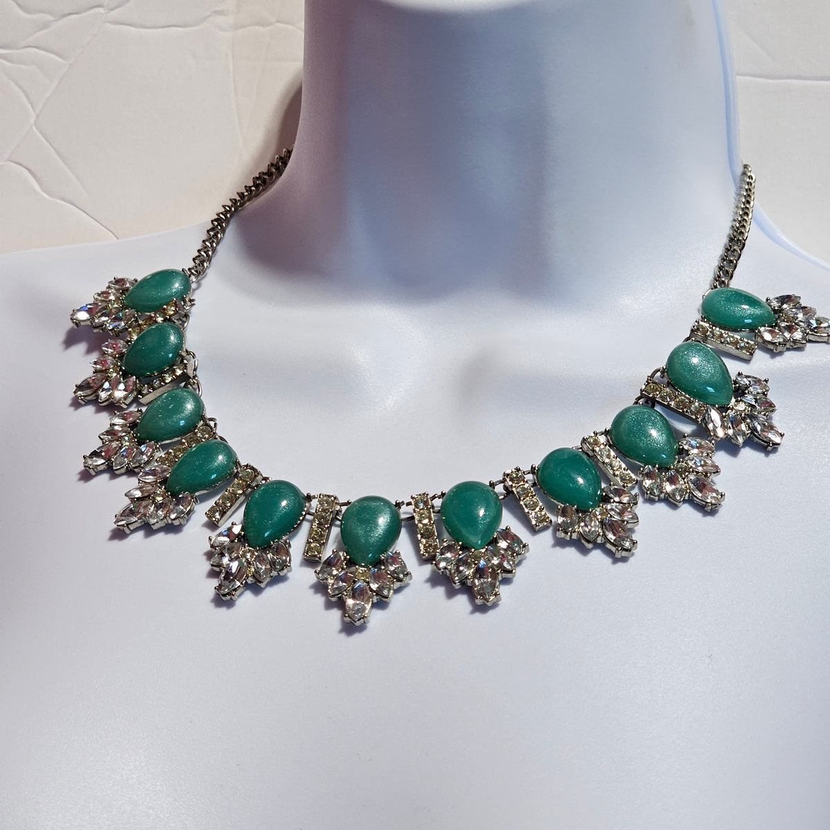 Rhinestone Green Glitter Acrylic Silver-tone Statement Necklace