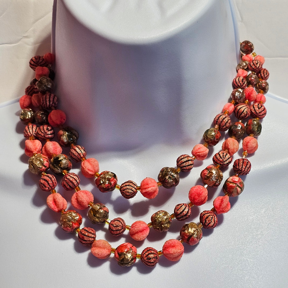 West Germany Vintage Old Plastic Pink Sugar Beaded Multi-strand Necklace