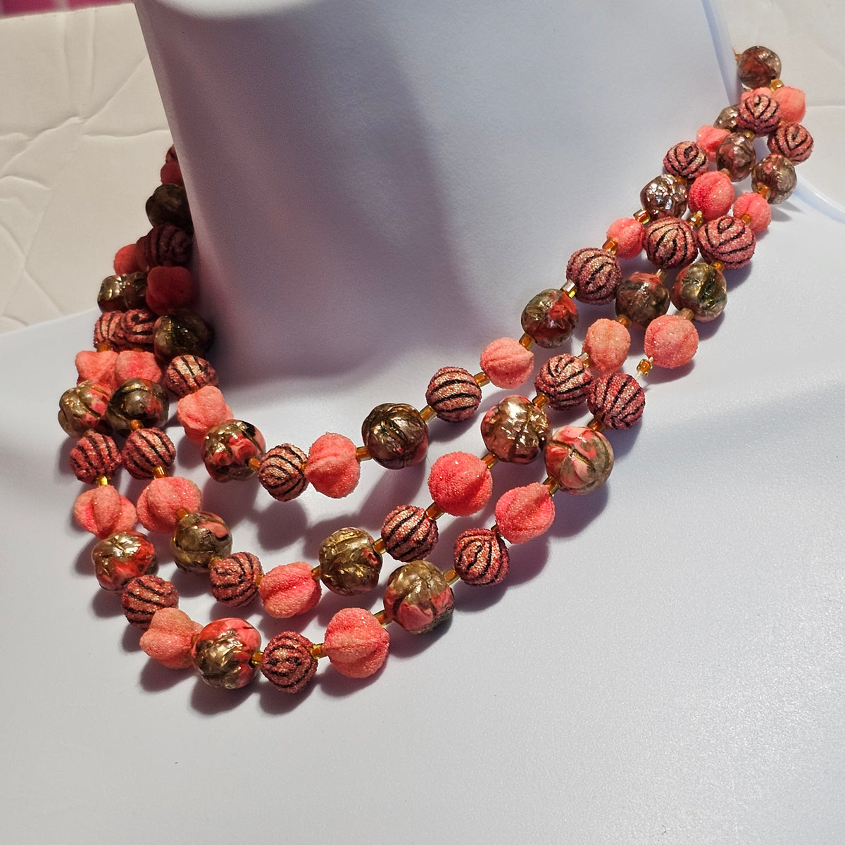 West Germany Vintage Old Plastic Pink Sugar Beaded Multi-strand Necklace