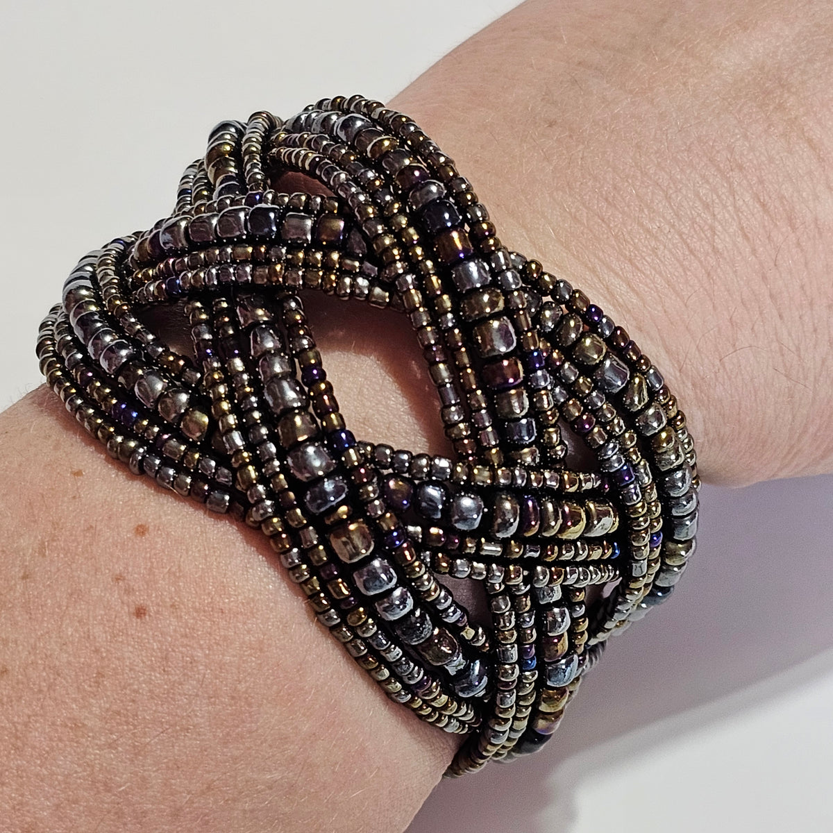 Twisted Dark Multi-Color Beaded Wire Cuff Intertwined Strand Bracelet Cuff