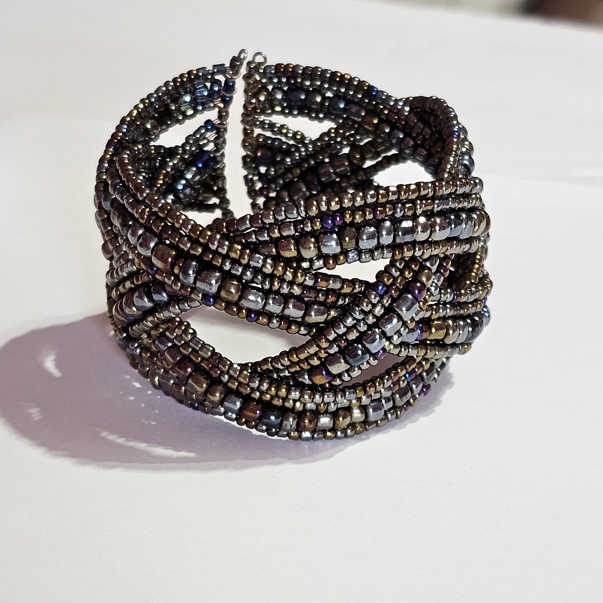 Twisted Dark Multi-Color Beaded Wire Cuff Intertwined Strand Bracelet Cuff