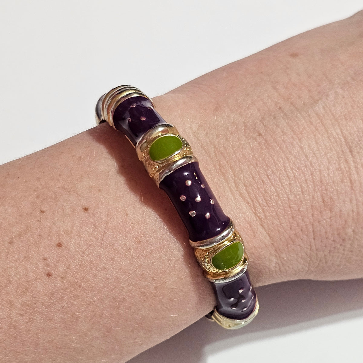 Gold-tone Purple Green Enamel Hinged Bracelet