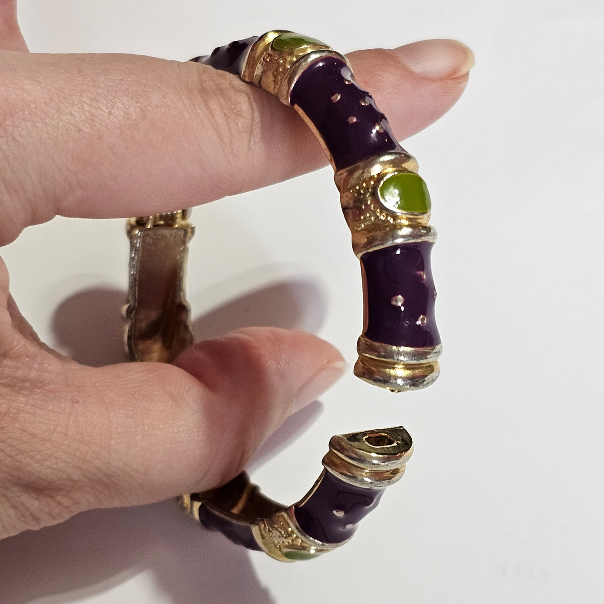 Gold-tone Purple Green Enamel Hinged Bracelet
