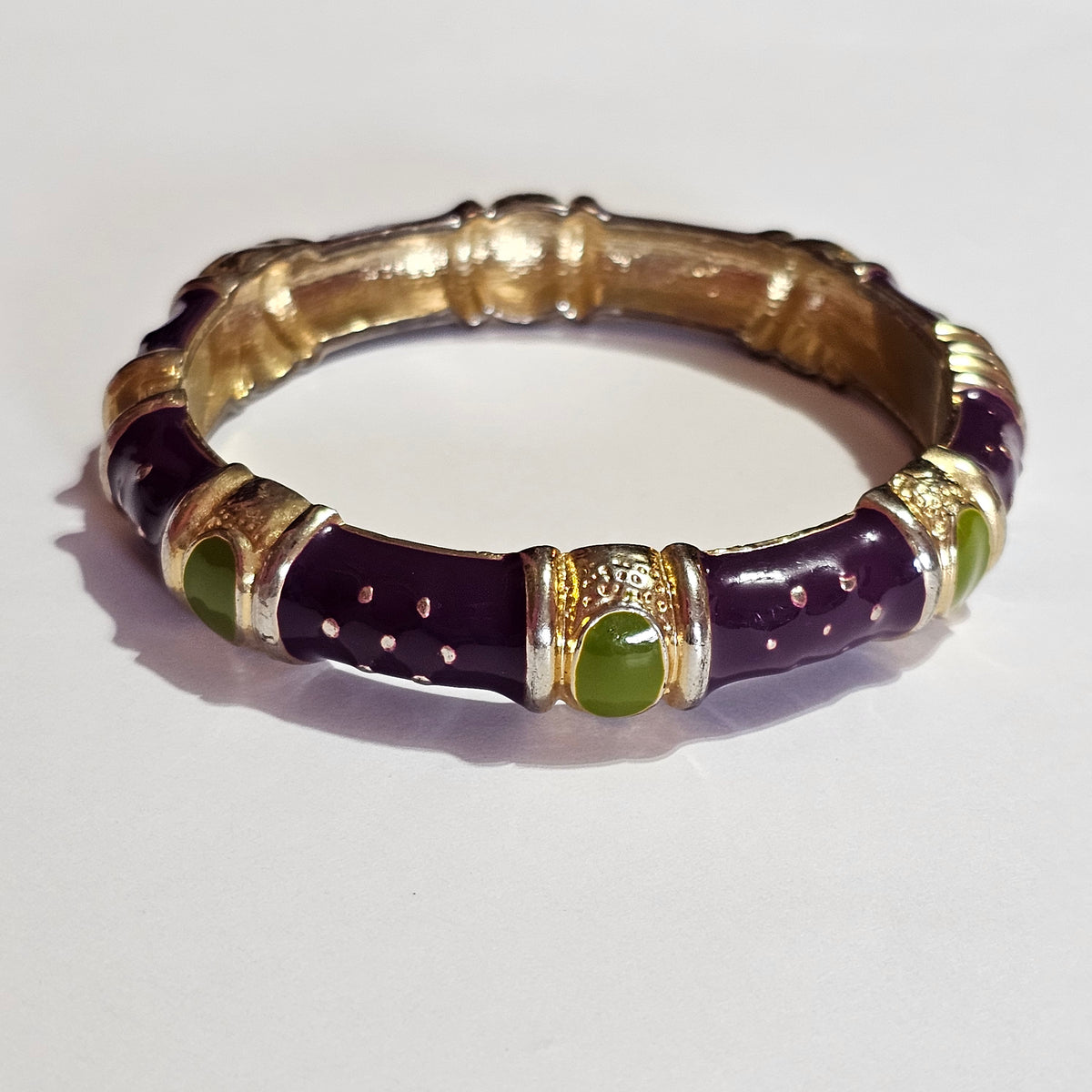 Gold-tone Purple Green Enamel Hinged Bracelet