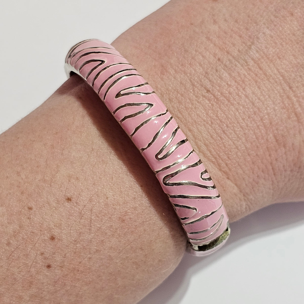 Silver-tone Pink Enamel Zebra Striped Hinged Bracelet
