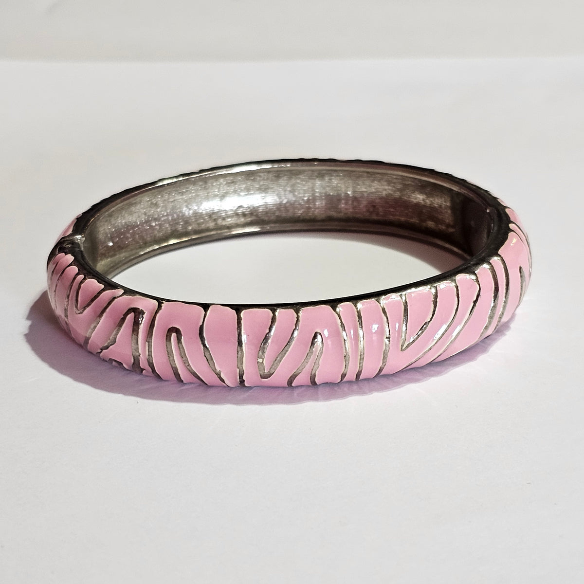 Silver-tone Pink Enamel Zebra Striped Hinged Bracelet