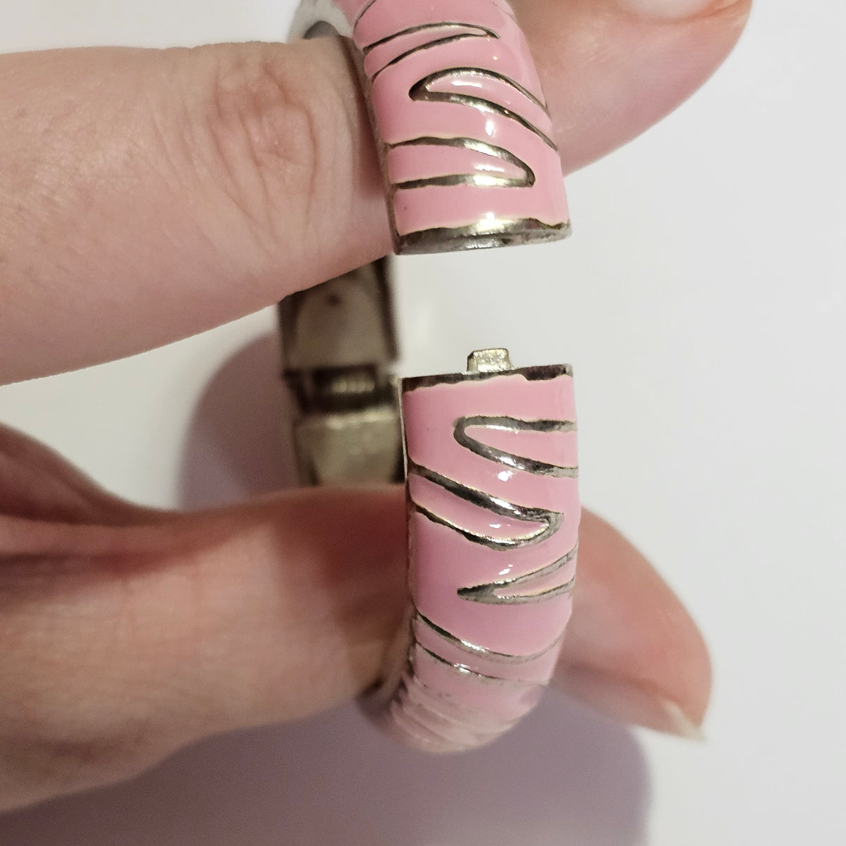 Silver-tone Pink Enamel Zebra Striped Hinged Bracelet