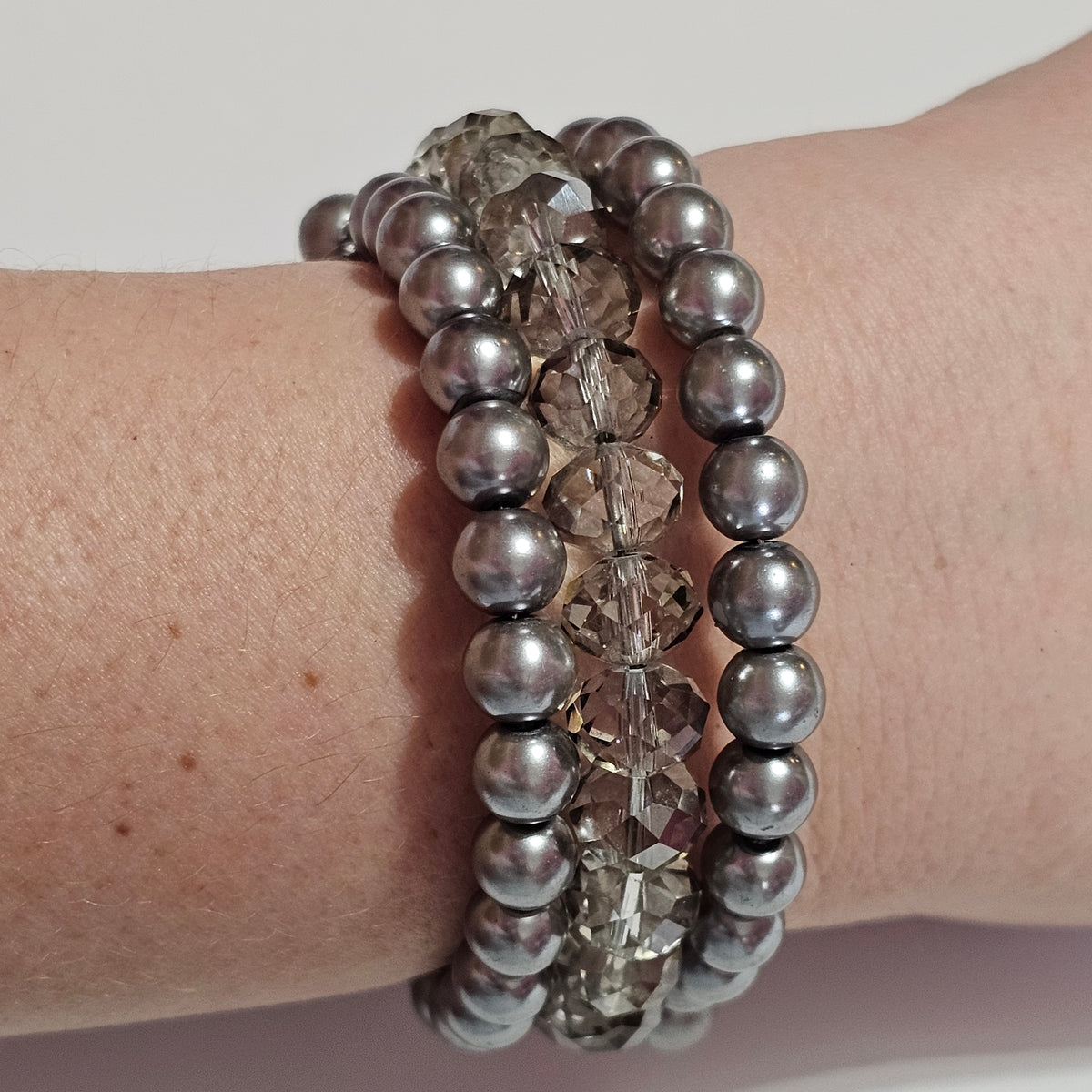 Clear Crystal Faux Grey Pearl Memory Wire Bracelet